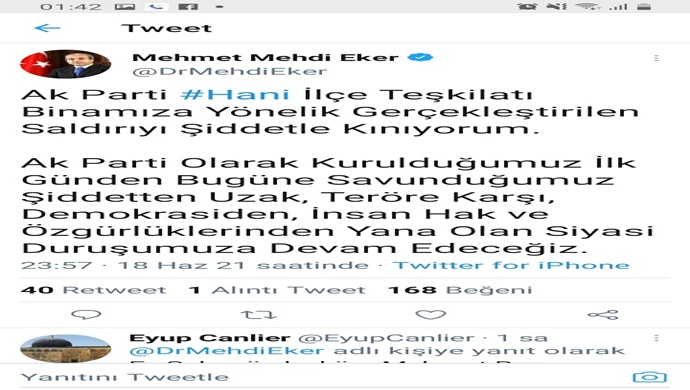 Ak Parti #Hani İlçe Teşkilatı Binamıza Yönelik Gerçekleştirilen Saldırıyı Şiddetle Kınıyorum